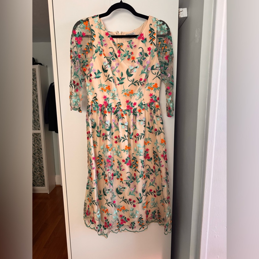 Cream and Pink Cocktail Dress with Flutter Sleeves